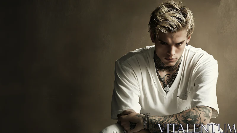 Tattooed blond subject under moody directional portrait lighting.