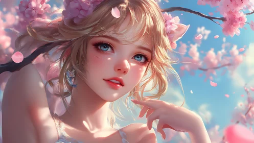 Blonde anime girl under cherry blossoms in spring light.