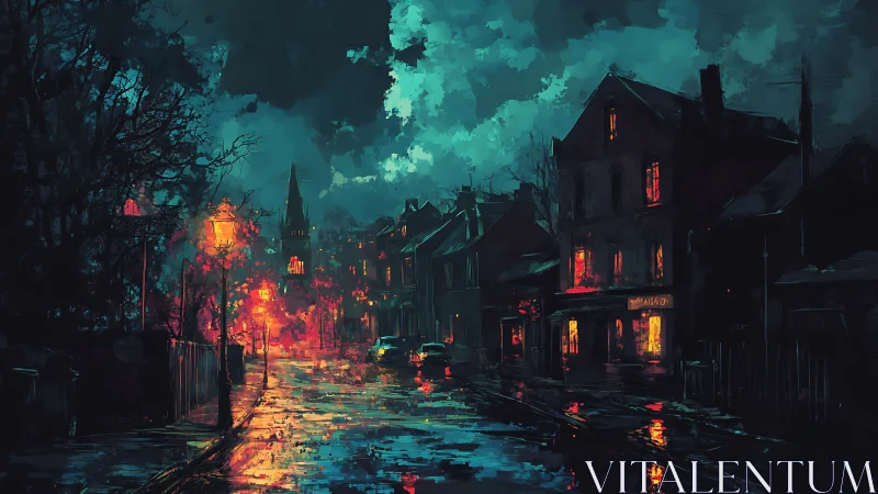 Rain slicked town street glows under moody teal sky.