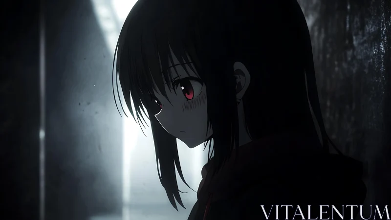 Melancholic anime girl in shadowed hallway contemplates quietly.