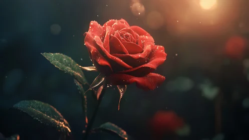 Red rose with dewdrops under golden light.