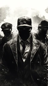 Masked enforcers stand in stark monochrome tension and shadow