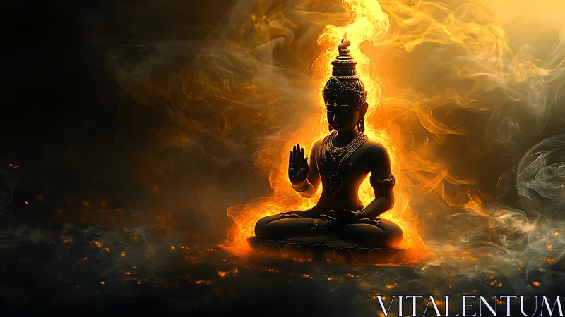 Buddha statue in flames and smoke on dark background.
