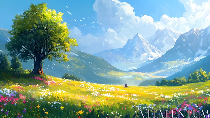 Sunlit meadow hums quietly beneath watchful mountain peaks