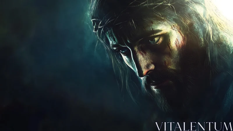 Sorrowful crowned figure gazes downward through dramatic light