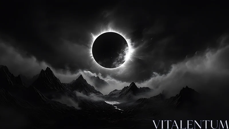 Total eclipse above jagged mountains rendered in high-contrast digital art