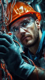 Electrical technician inspects complex wiring with focus.