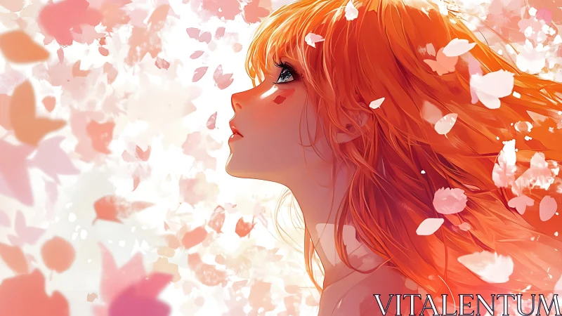 Soft spring gaze amid drifting petals and orange light.