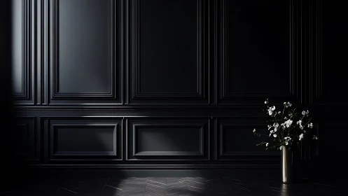 White blossoms whisper boldly against midnight paneled walls