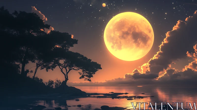 Large golden moon above calm coastal trees at dusk.