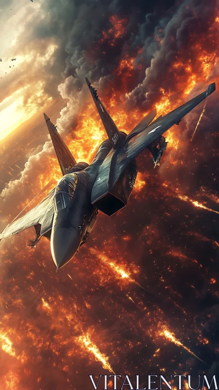 Fighter Jet Ascending Through Fiery Cloudscape with Explosive Sky.