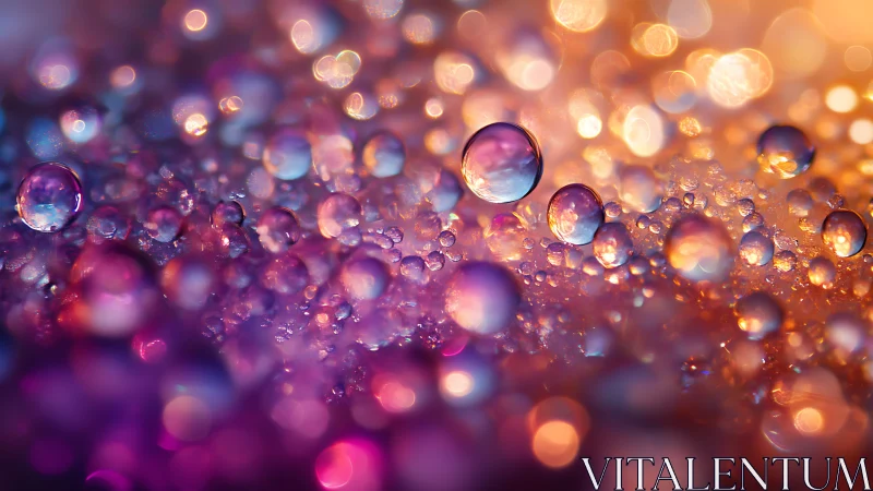 Macro view of water droplets with multicolor bokeh light.