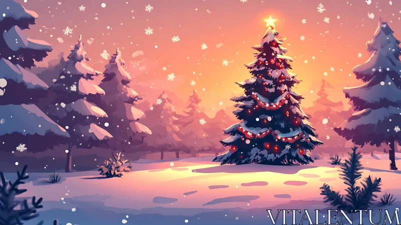 Snow covered fir forest with decorated Christmas tree at dusk.