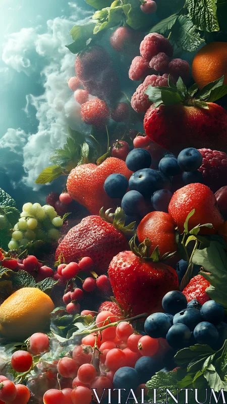 Hyperreal berries cascade through ethereal cloud-lit atmosphere.