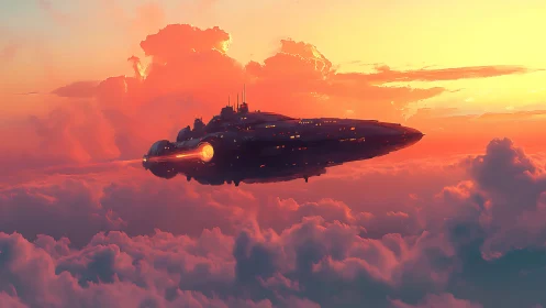 Starlit interstellar cruiser gliding above luminous sunset clouds
