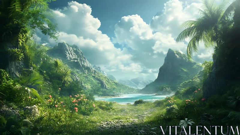 Emerald cliffs cradle a secret lagoon beneath wandering clouds