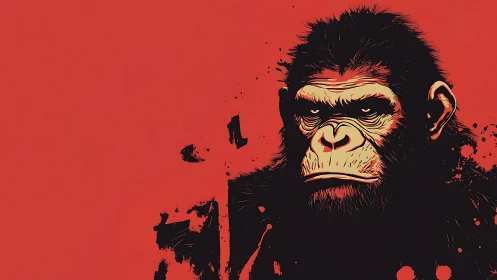 Fierce primate portrait on bold red splattered canvas.