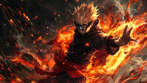 Fiery masked warrior commands swirling inferno energy.