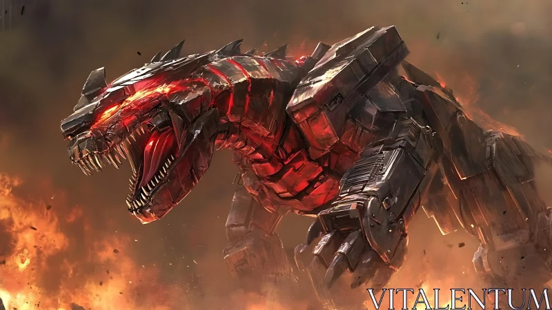 Metallic kaiju mech roars over flaming battlefield sky