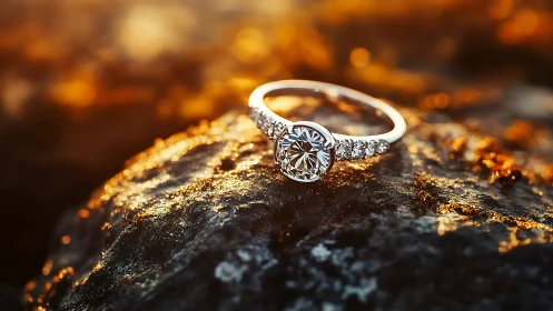 Diamond engagement ring sparkles on rock at golden sunset.