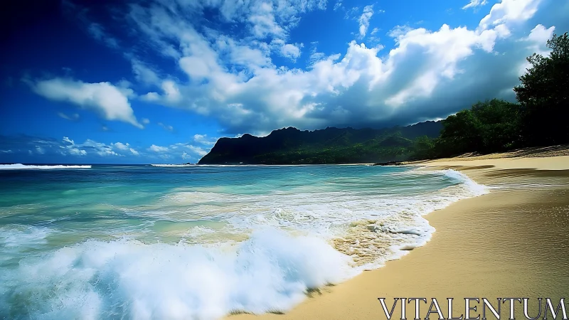 Storm-kissed turquoise surf courting a golden island shore.