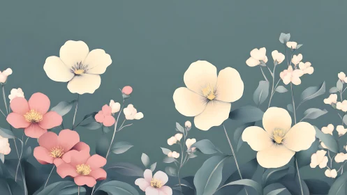 Digital botanical illustration featuring layered floral composition with tonal depth