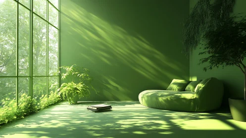 Sunlit green lounge room embraces serene indoor nature