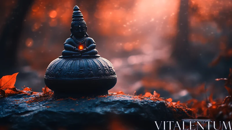 Luminescent deity figurine on lotus base in misted forest.