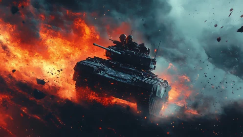Armored battle tank traversing explosive firestorm corridor.