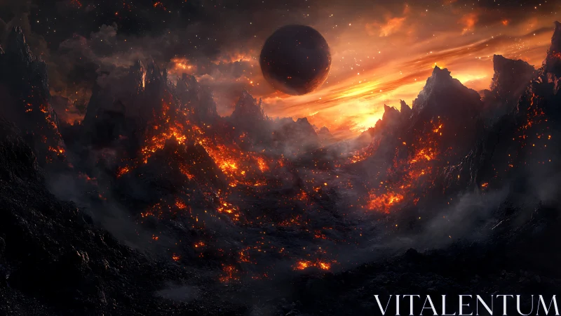 Apocalyptic volcanic realm. Black sphere dominates burning landscape.