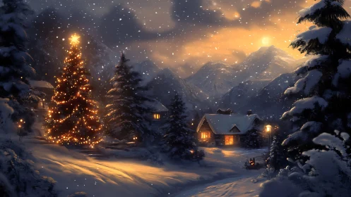 Snowy mountain village glows around a magical Christmas tree