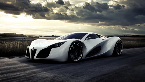 White futuristic supercar on rural road at sunset sky.