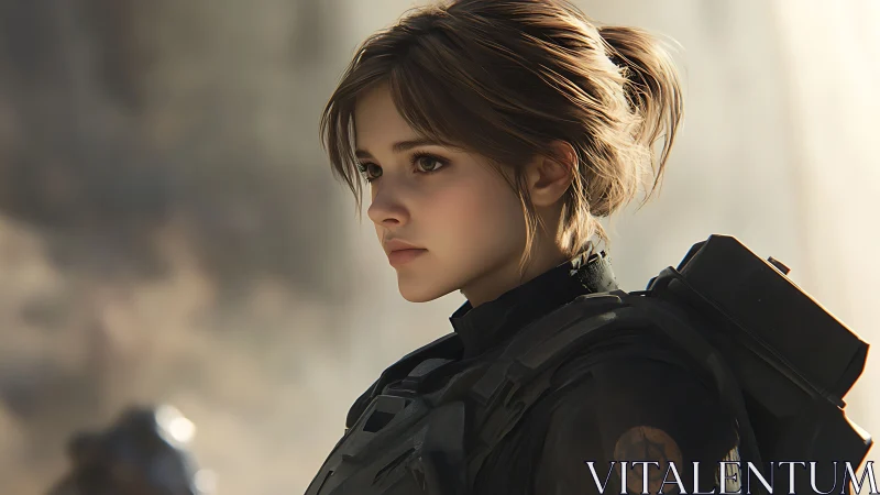 Tactical sci fi female soldier portrait in soft rim lighting