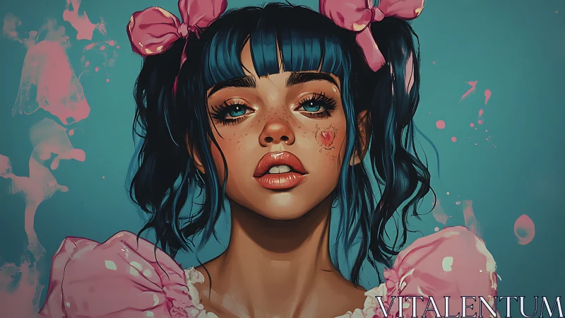 Digital portrait of blue haired girl with pink bows.