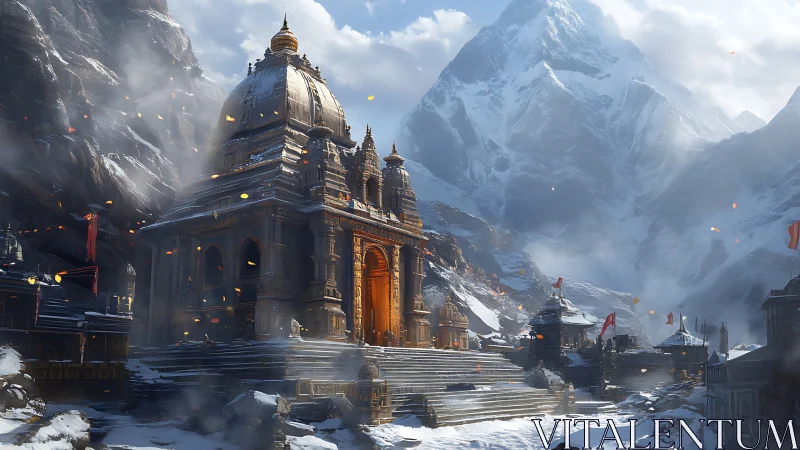 Mountain temple complex in snowy high-altitude valley setting.