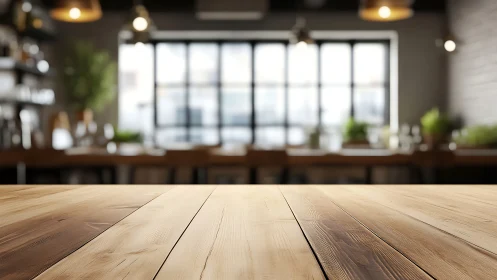 Wooden tabletop in blurred modern cafe interior background.