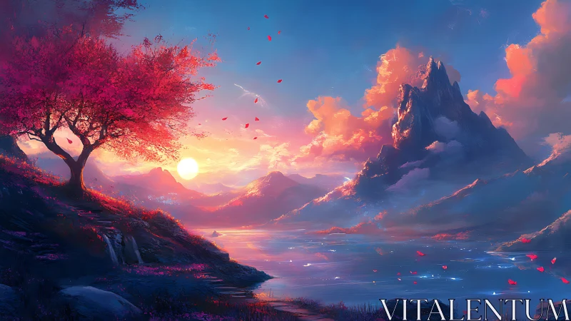 Sunset lake with pink tree and distant mountain peak.