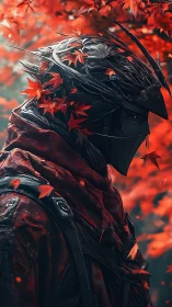 Autumn warrior wrapped in crimson leaves and quiet resolve.