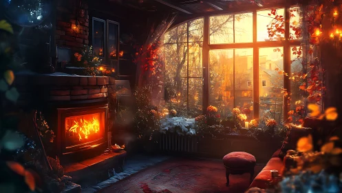 Illuminated Interior with Fireplace and Autumn Foliage
