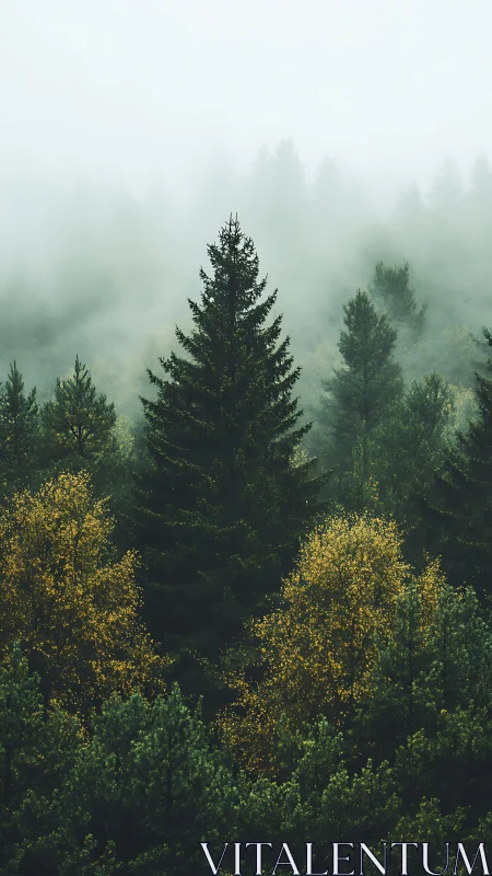 Fog-Shrouded Forest with Evergreen Canopy.