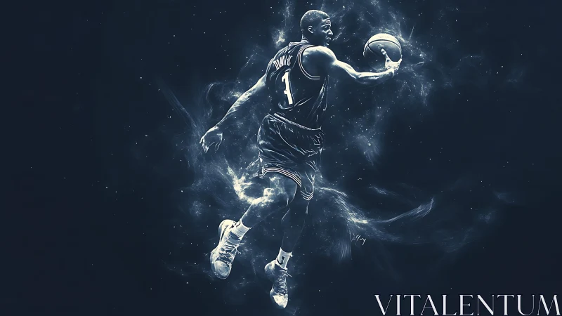 Basketball player in midair with ball and abstract trails.