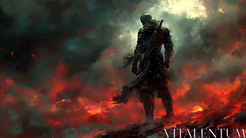 Lone ashwalker strides through ember storms of war.