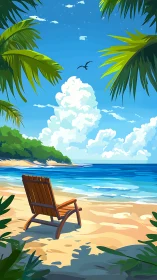 Beach chair on sandy shore with tropical palms and blue ocean