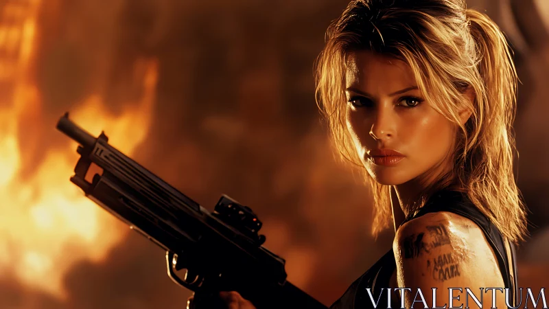 Armed woman in front of burning background, intense gaze.
