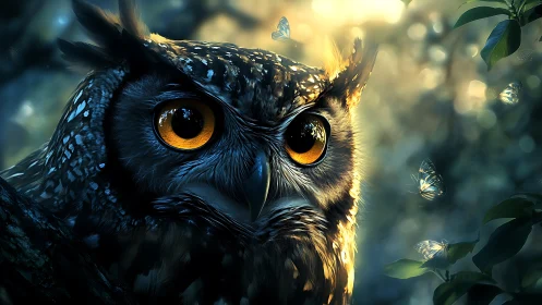 Majestic owl in enchanted forest with glowing eyes, digital art style.