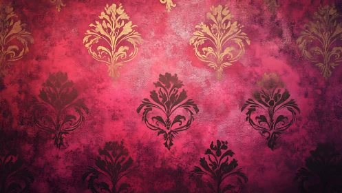 Red damask pattern background with gold and dark motifs.