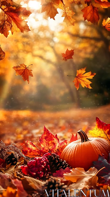 Backlit autumn foliage with pumpkin and pinecones in shallow focus