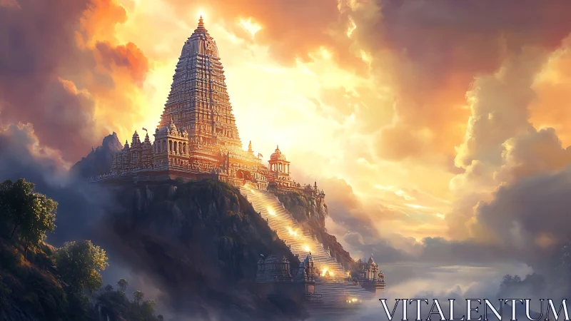 Radiant mountain temple ascends through clouds in cinematic light