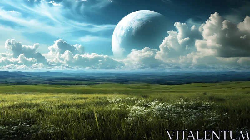 Distant planet above expansive grassland under clouds.