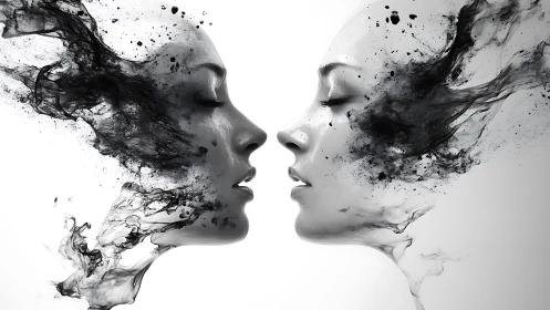 Monochrome mirrored profiles with dispersing ink forms.